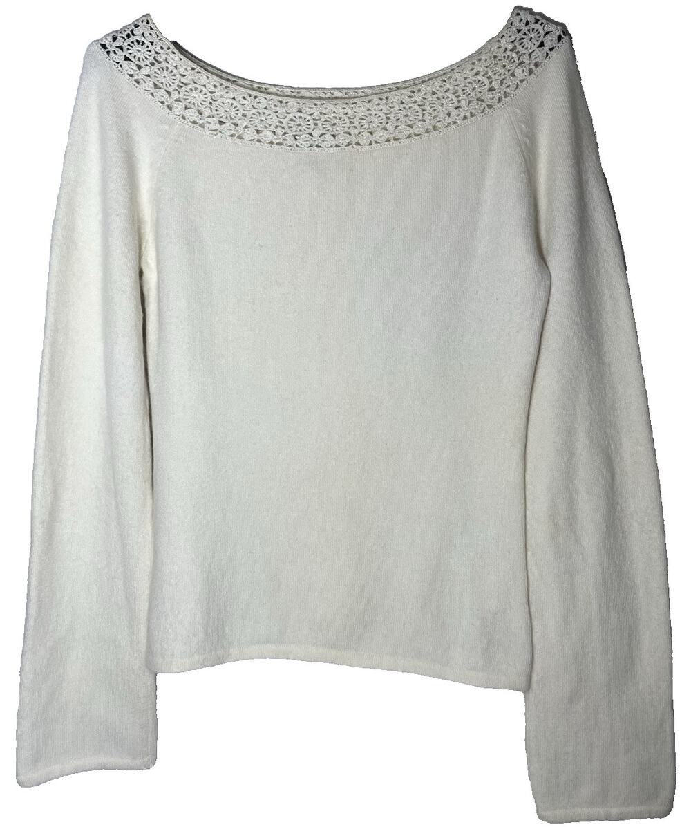 Bebe Ivory Angora Blend Crochet Crew Neck Long Sleeve Sweater Size L